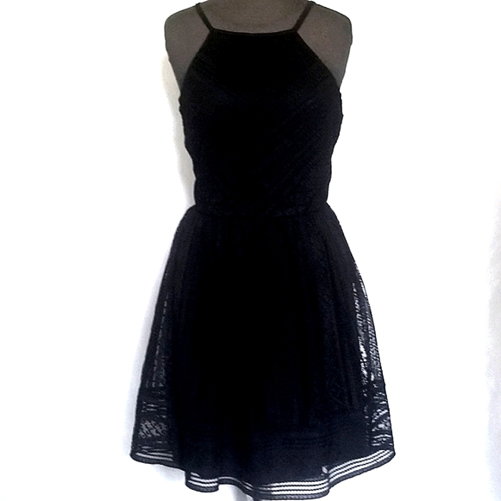 Alya Black Lace Overlay Halter Spaghetti Strap Mini Dress, Size M